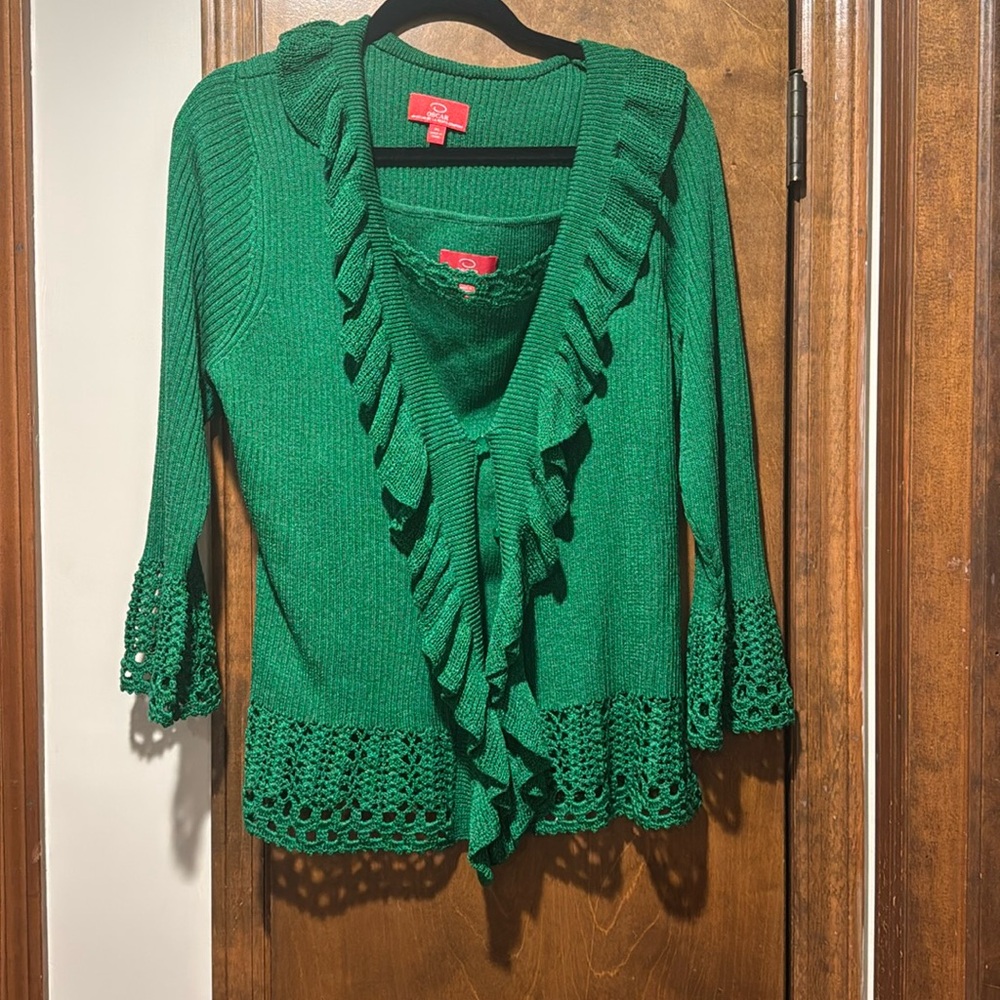 Oscar de la Renta 2pc Set Tank & Cardigan Size XL Green Knit Crochet & Ruffles